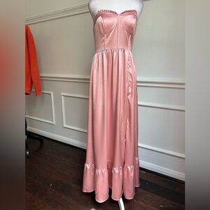 Revelry Blush Satin Maxi Dress with Corset Top and Ruffle Trim, Size 6